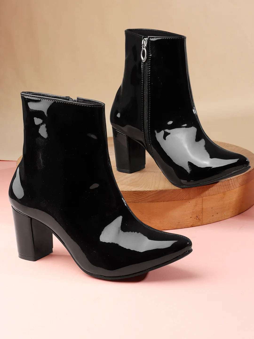 Patent Finish Block Heel Ankle Boots for Women