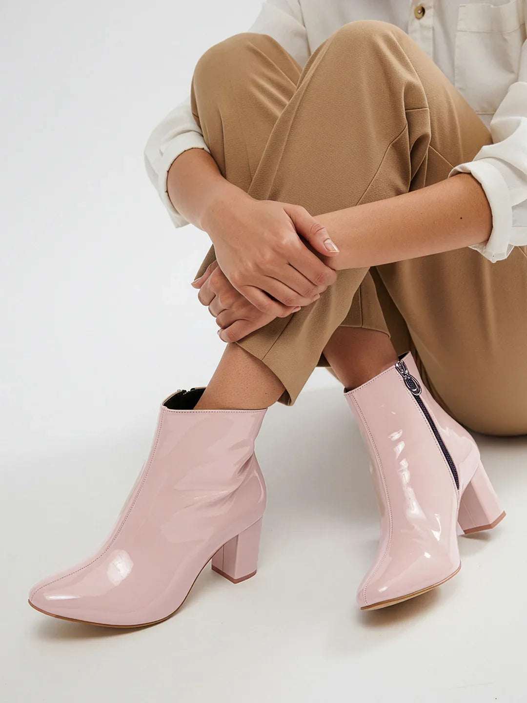 Patent Finish Block Heel Ankle Boots for Women