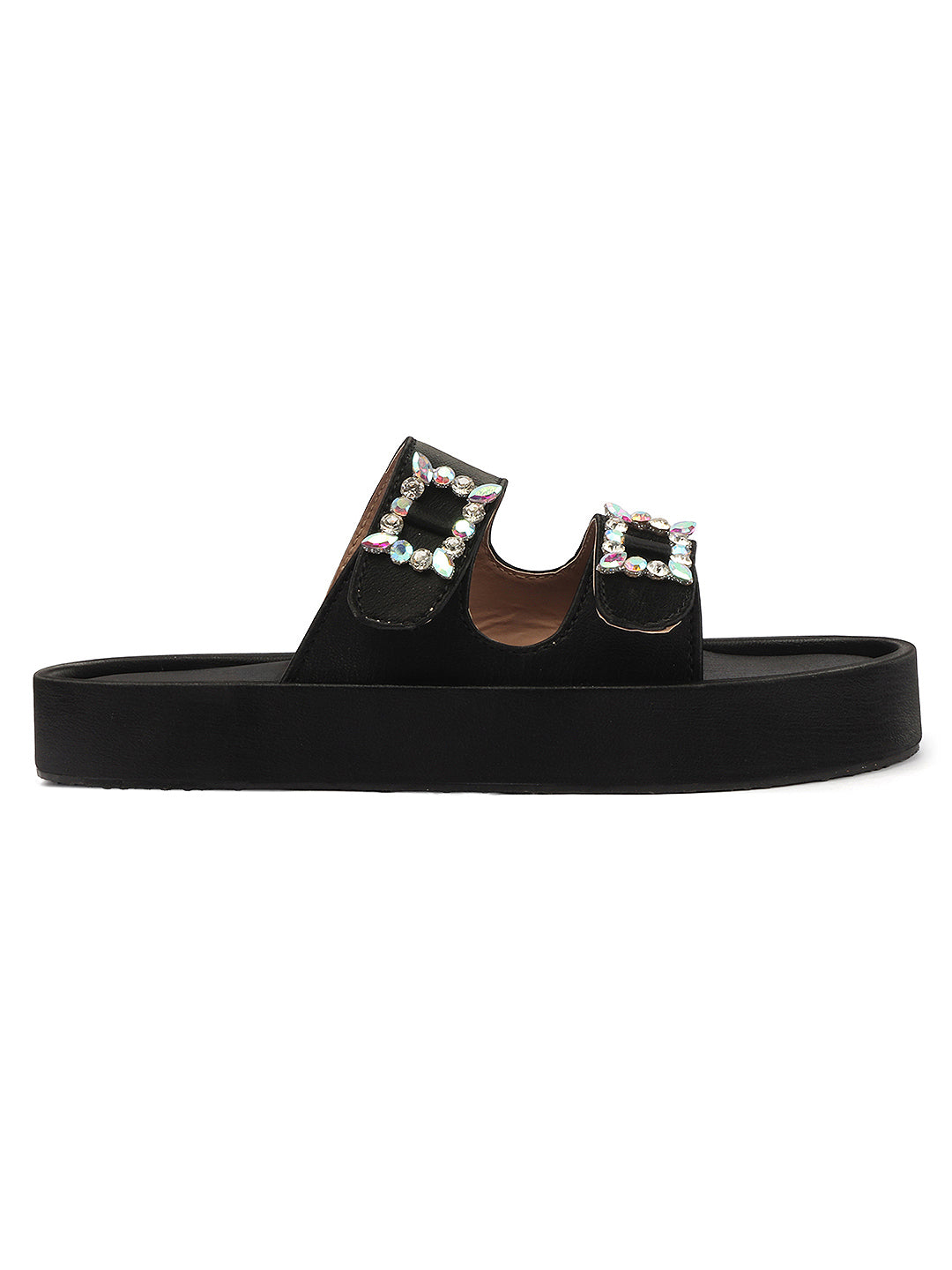 Dual-Strap Rhinestone Buckle Slide Soft Casual Flats