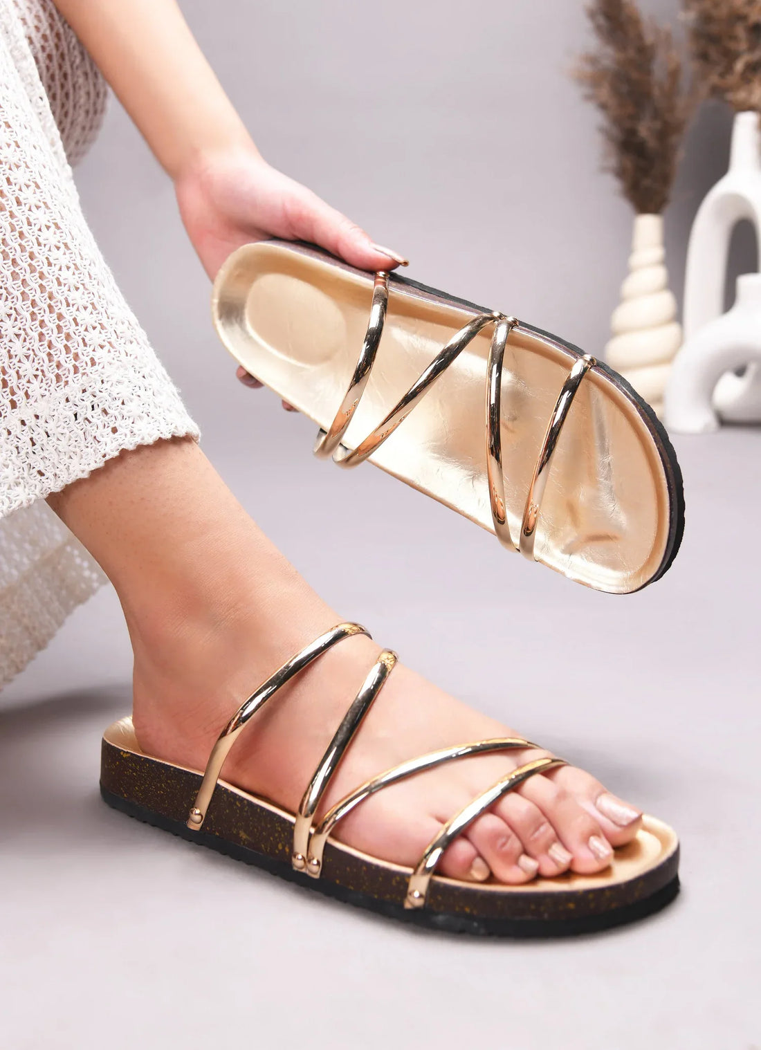 Elegant Spiral Strap Metallic Flats
