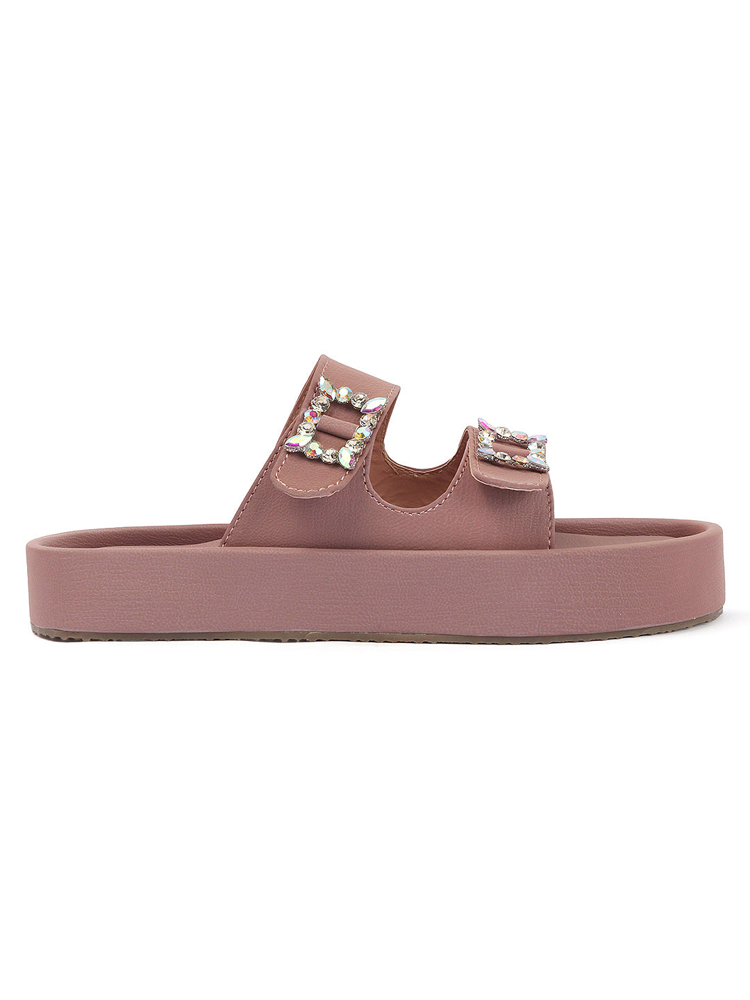 Dual-Strap Rhinestone Buckle Slide Soft Casual Flats