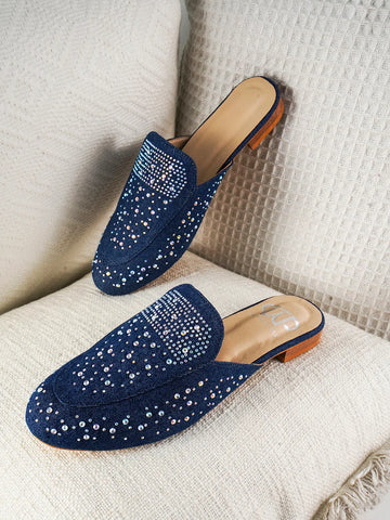 Navy Shimmer Studded Casual Mules