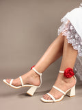 Rose Detail Ankle Strap Block Heels