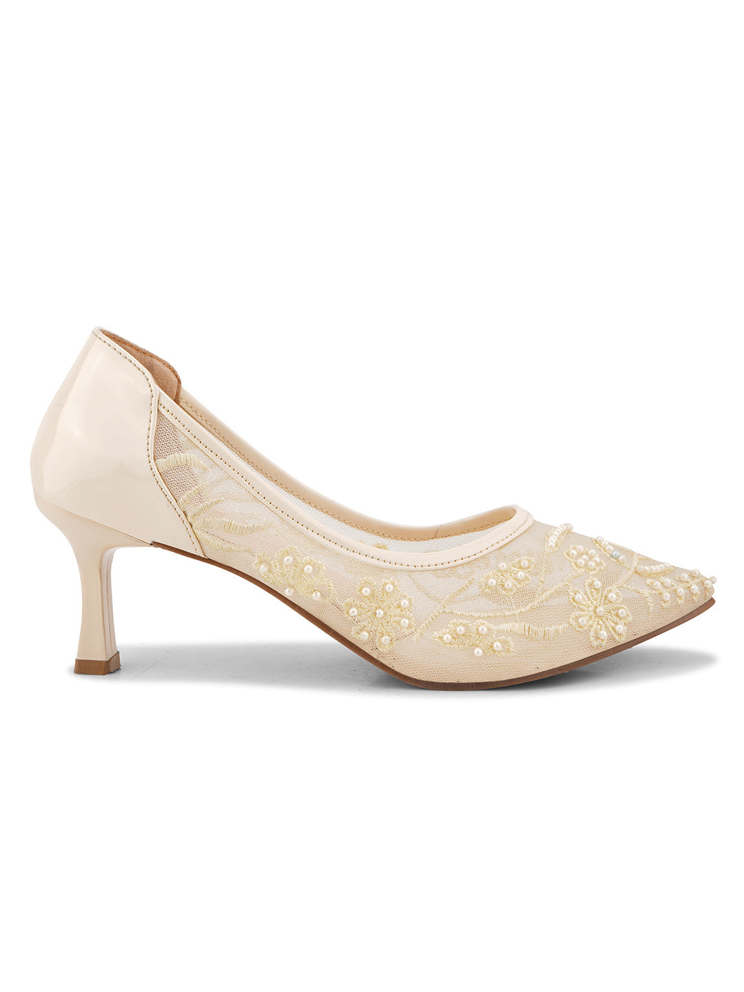 Pearl Embroidered Mesh Kitten Heels