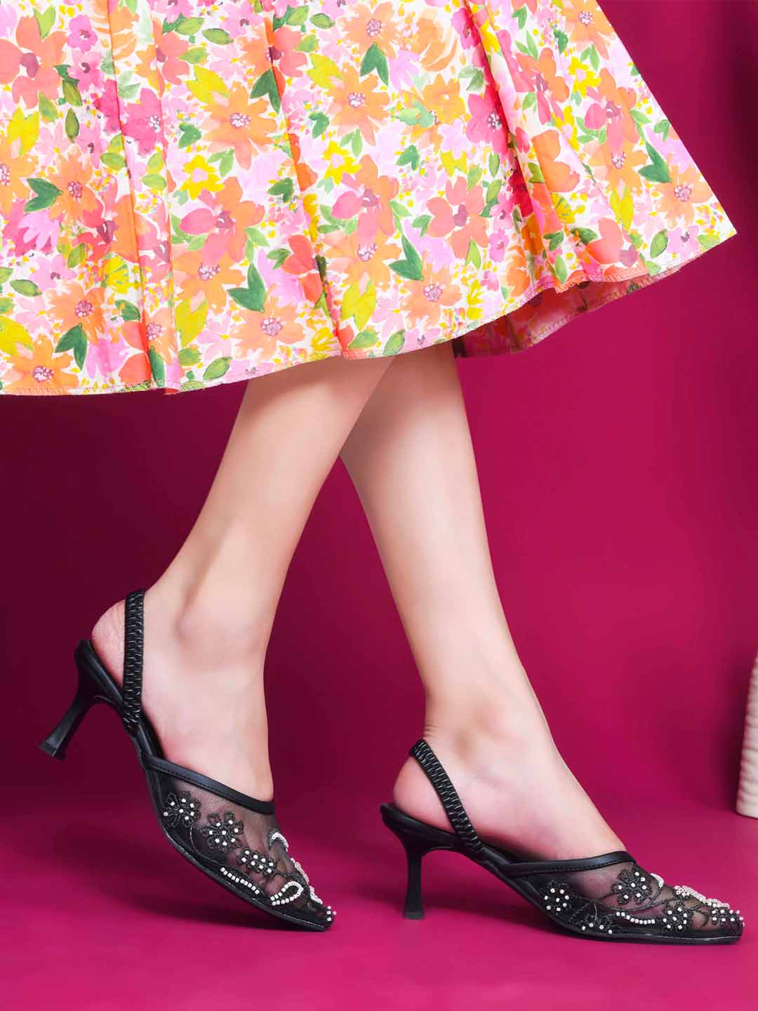 Mesh Embellished Pointed Toe Mule Heels