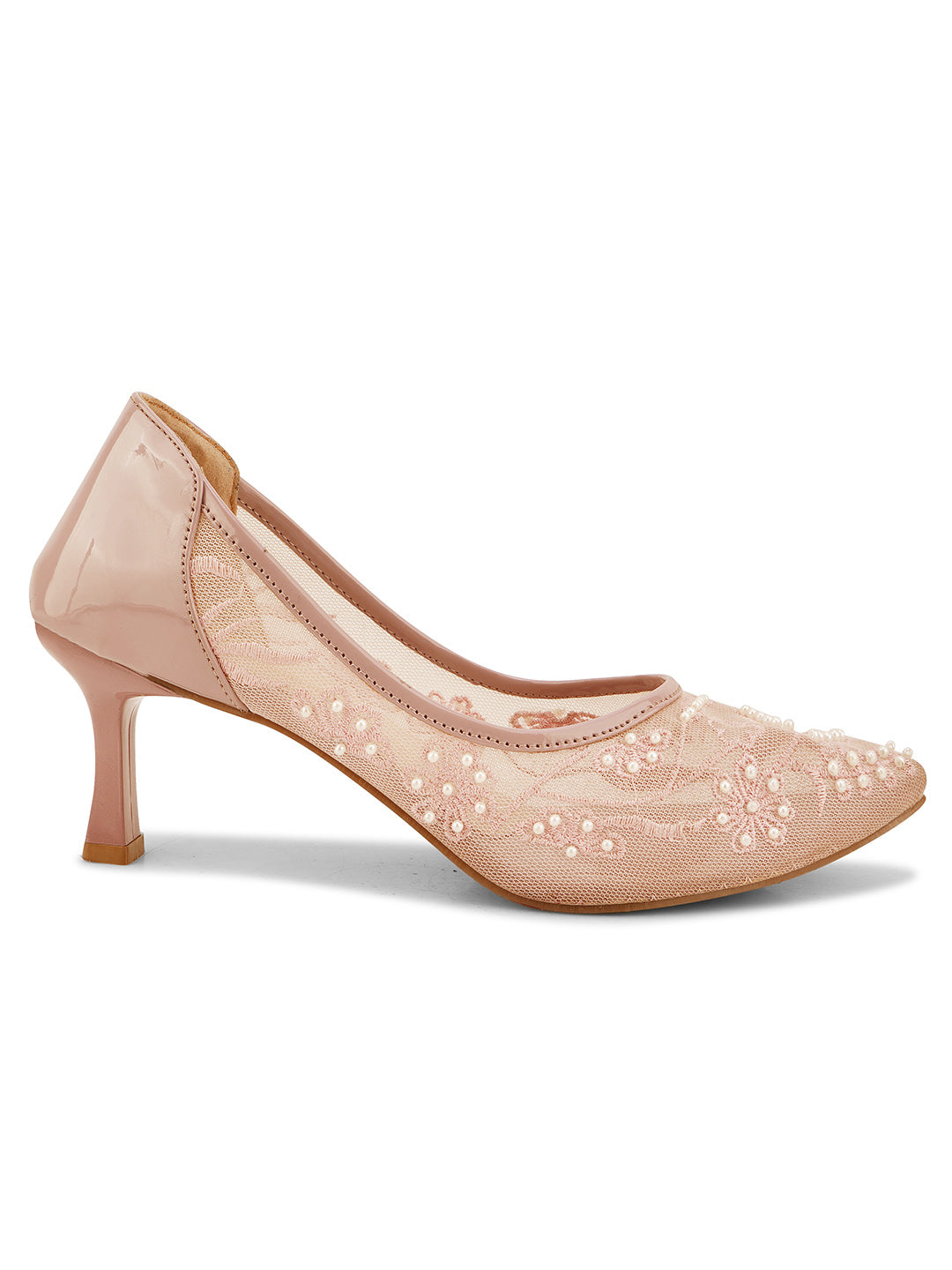 Pearl Embroidered Mesh Kitten Heels