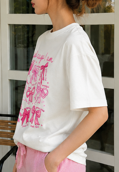 Cute Aesthetic Oversized Pink Bow Graphic Print T-Shirt