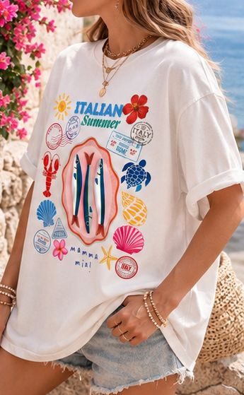 Vacation-Inspired Oversized Italian Summer Graphic Printed T-Shirt