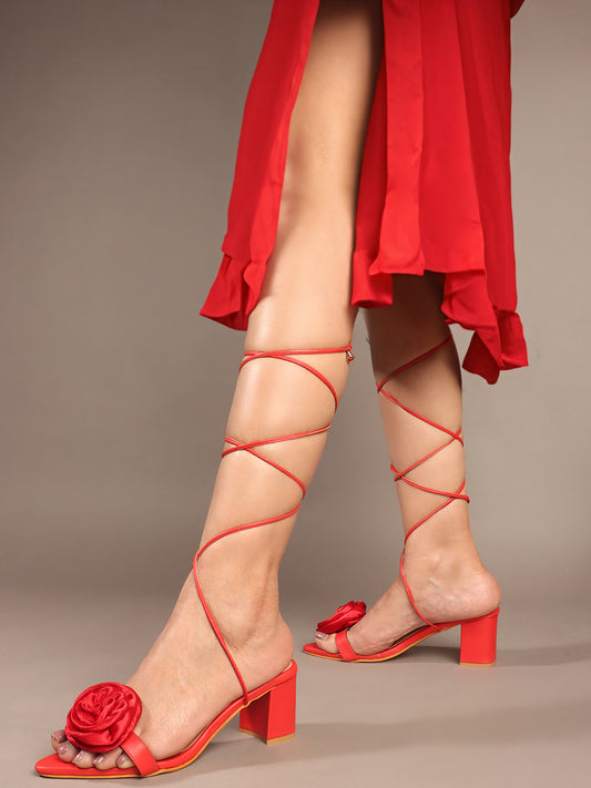 Rose Detail Tie-Up Mid Heel Sandals