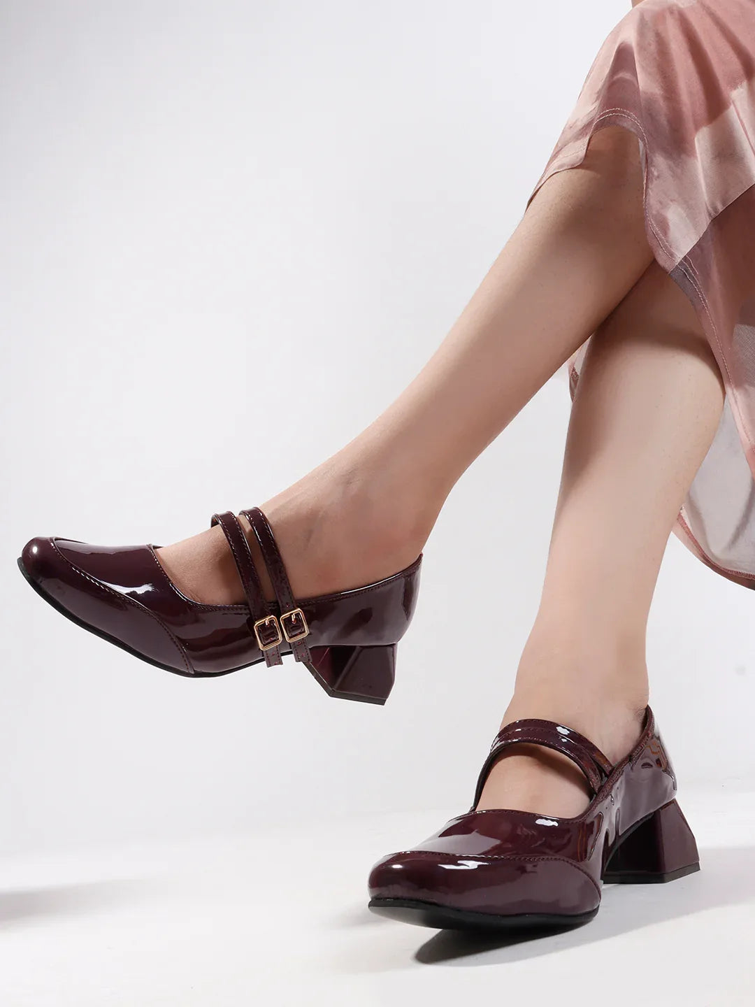 Patent Finish Buckle Detail Mid Heels