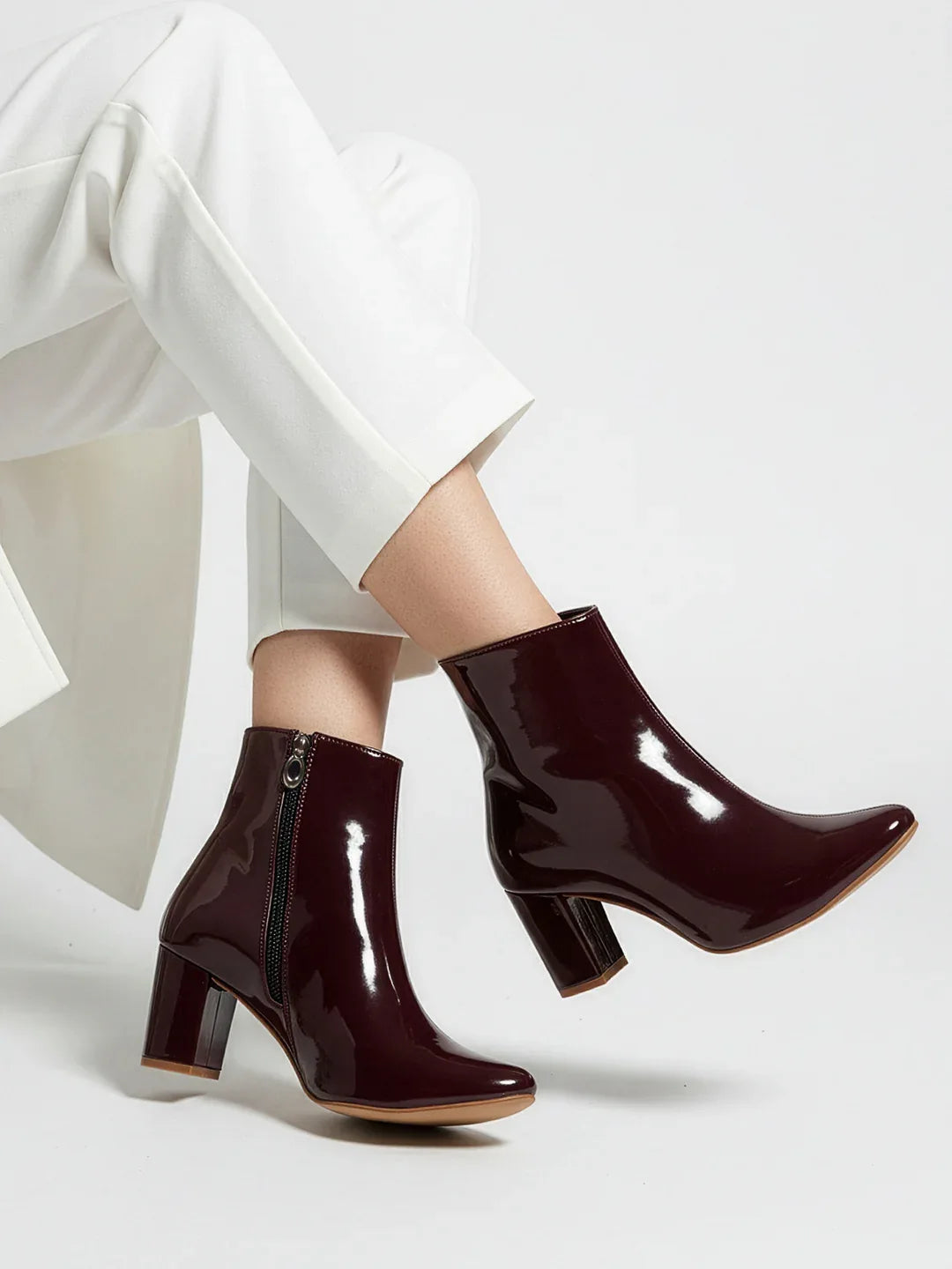 Patent Finish Block Heel Ankle Boots for Women
