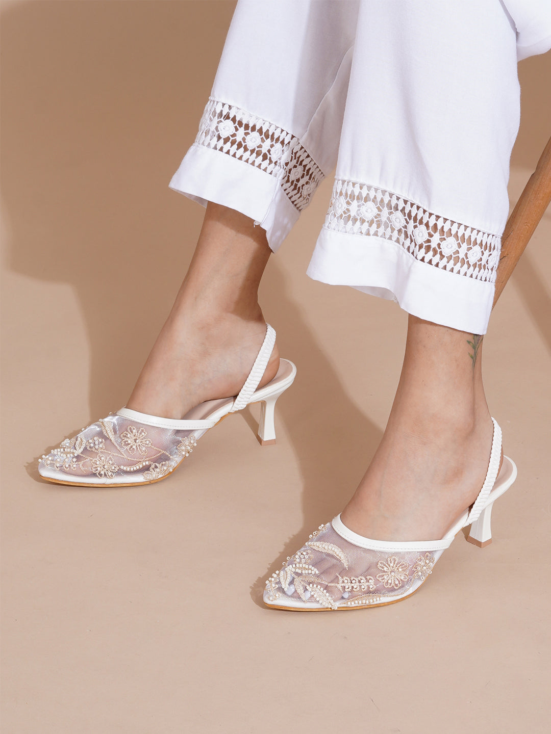 Mesh Embellished Pointed Toe Mule Heels