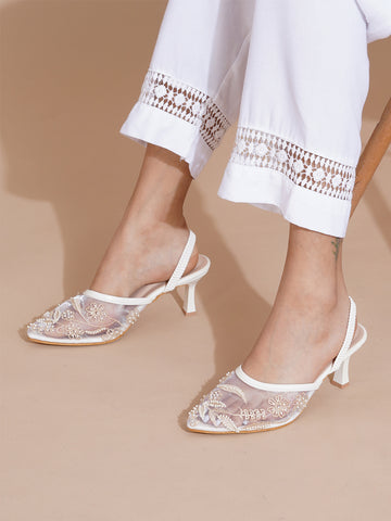 Mesh Embellished Pointed Toe Mule Heels