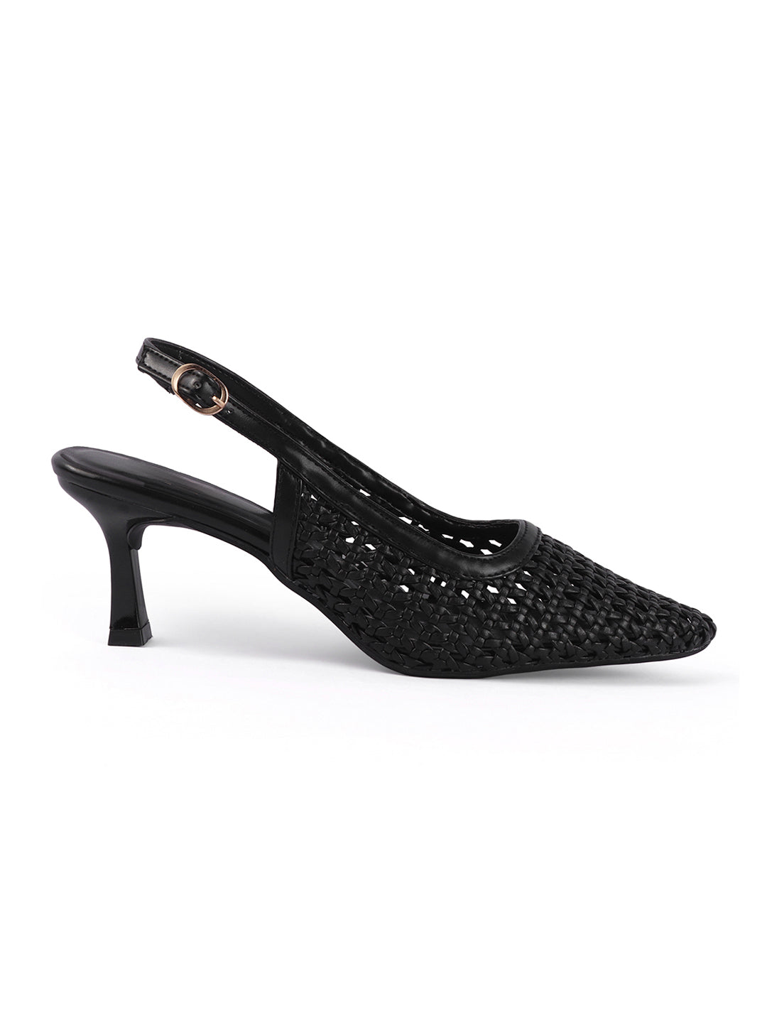 Weave Chic Buckle Strap Kitten Heel Mules