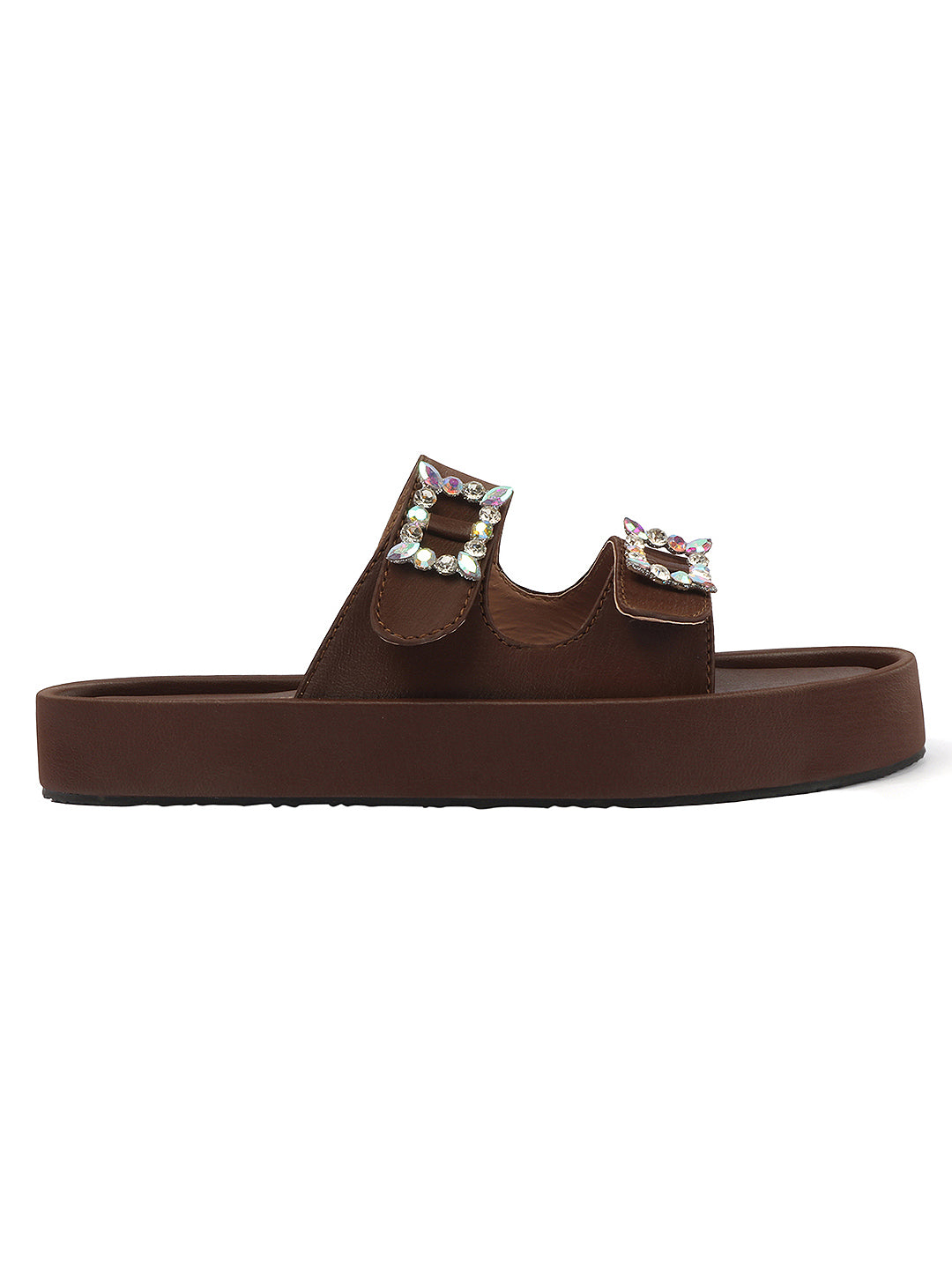 Dual-Strap Rhinestone Buckle Slide Soft Casual Flats