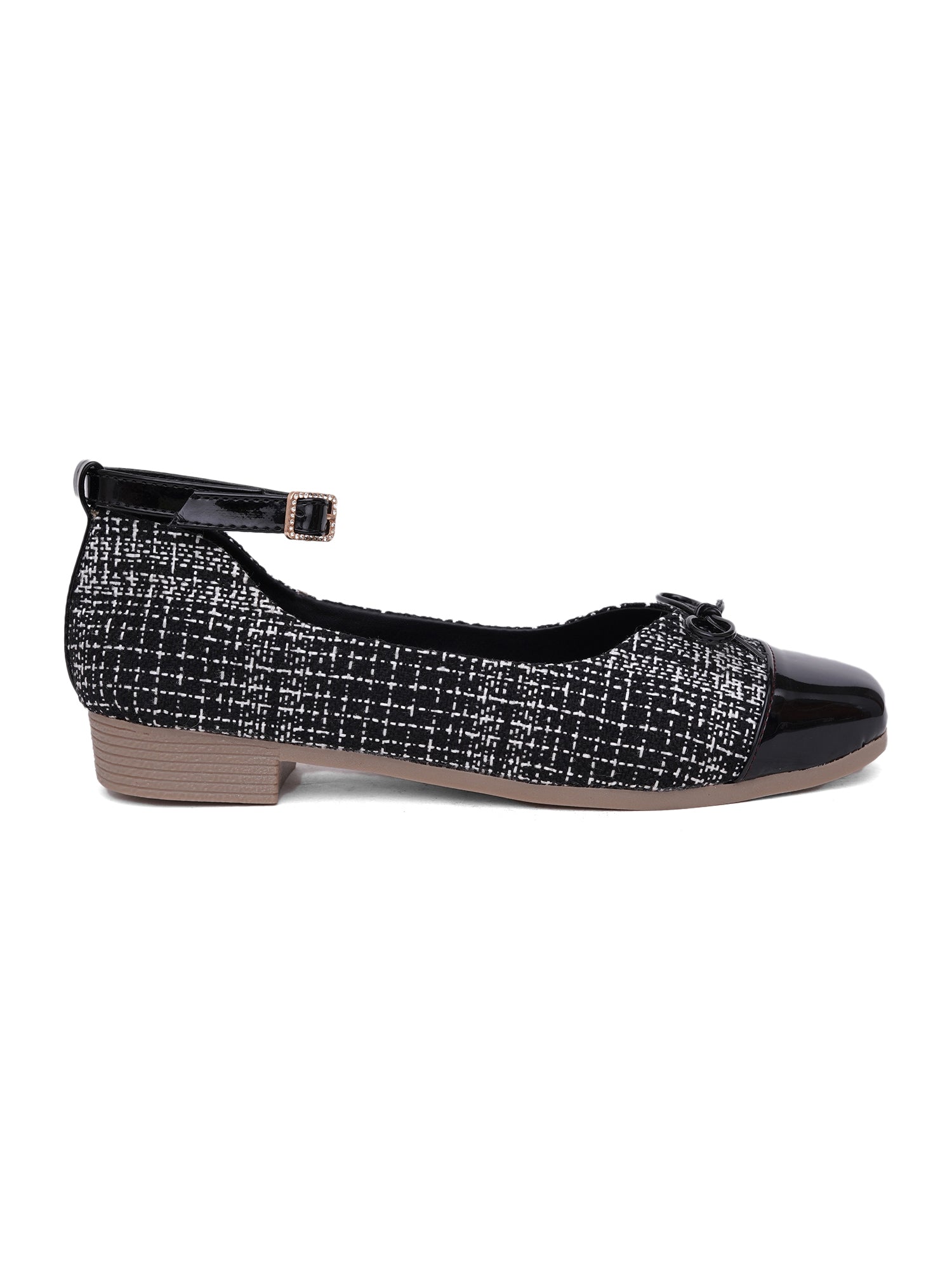 Elegant Tweed Texture Ballet Pumps Bellies with Ankle Strap