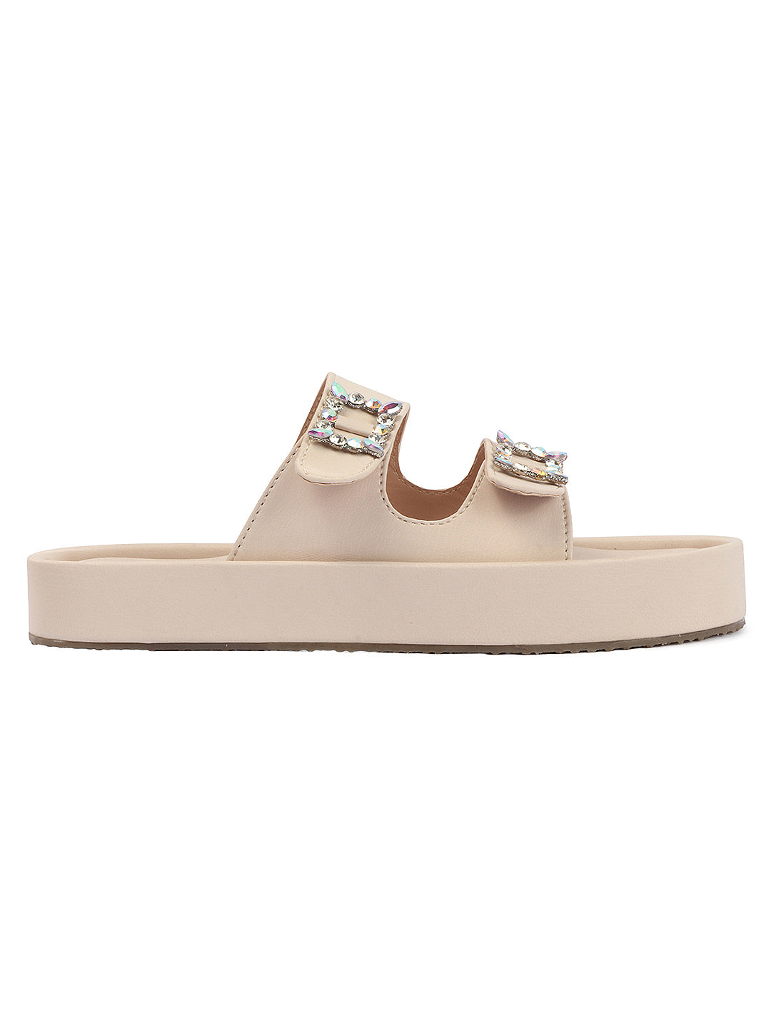 Dual-Strap Rhinestone Buckle Slide Soft Casual Flats