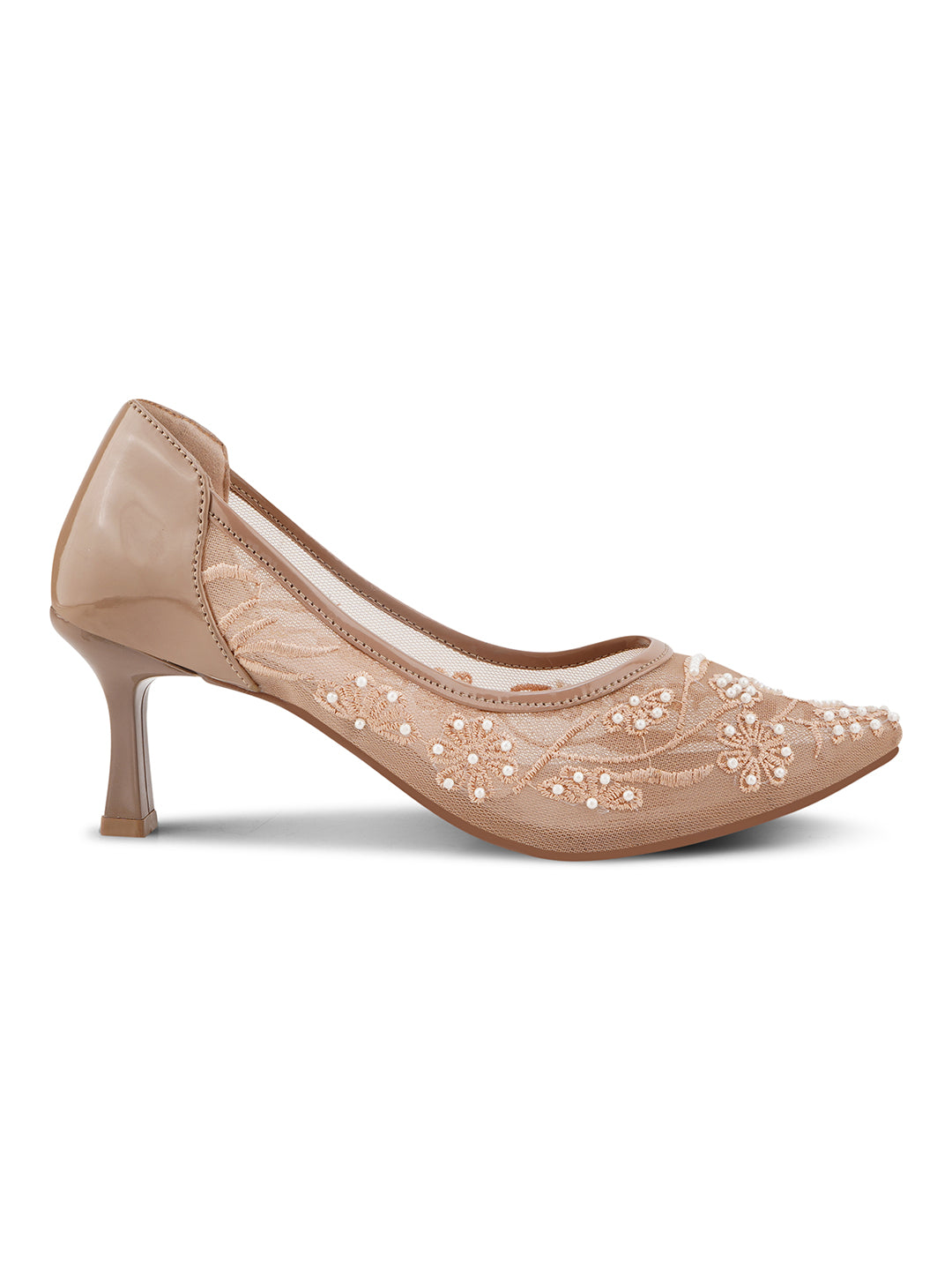 Pearl Embroidered Mesh Kitten Heels