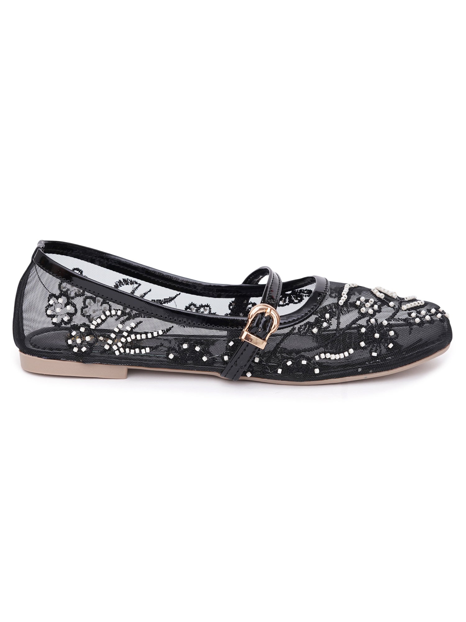 Elegant Pearl & Sequin Strap Mary Jane Style Ballerinas