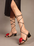Rose Detail Tie-Up Mid Heel Sandals