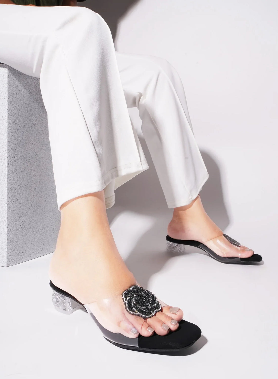 Elegant Crystal Accent Block Heels