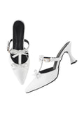 Patent Finish Bow-Detail Kitten Heel Mules