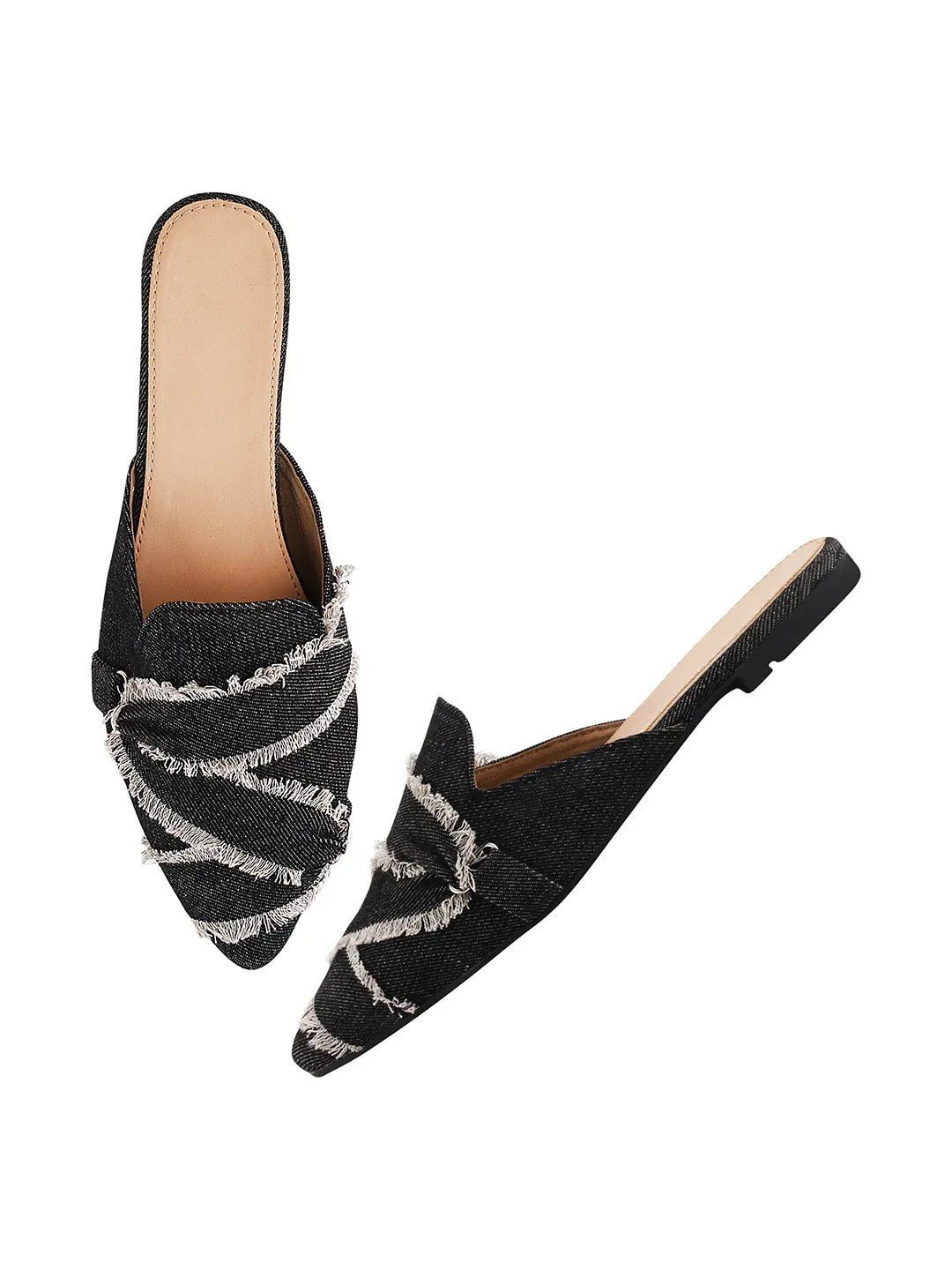 Frayed Edge Denim Pointed-Toe Mule Flats