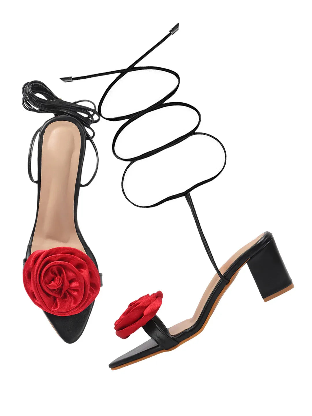 Rose Detail Tie-Up Mid Heel Sandals