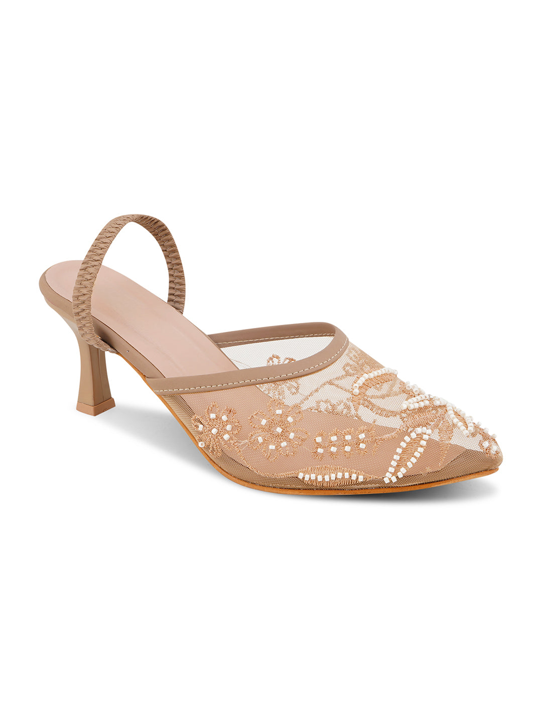 Mesh Embellished Pointed Toe Mule Heels