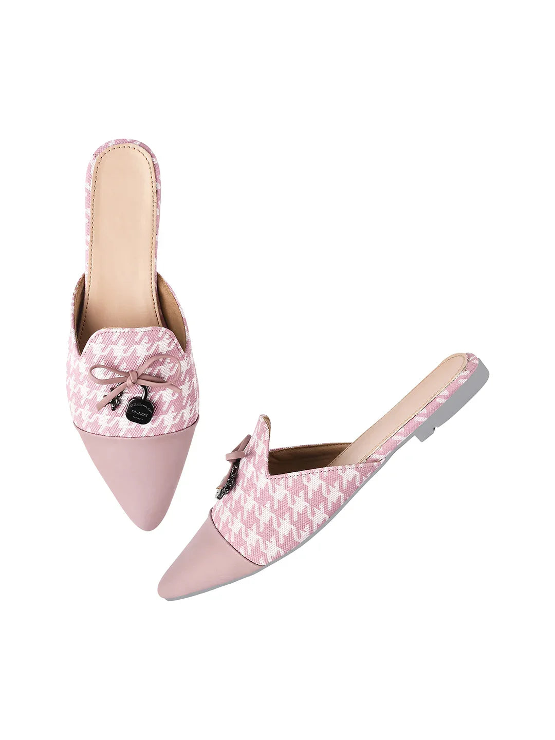 Houndstooth Pointed Toe Slip-On Mule Flats