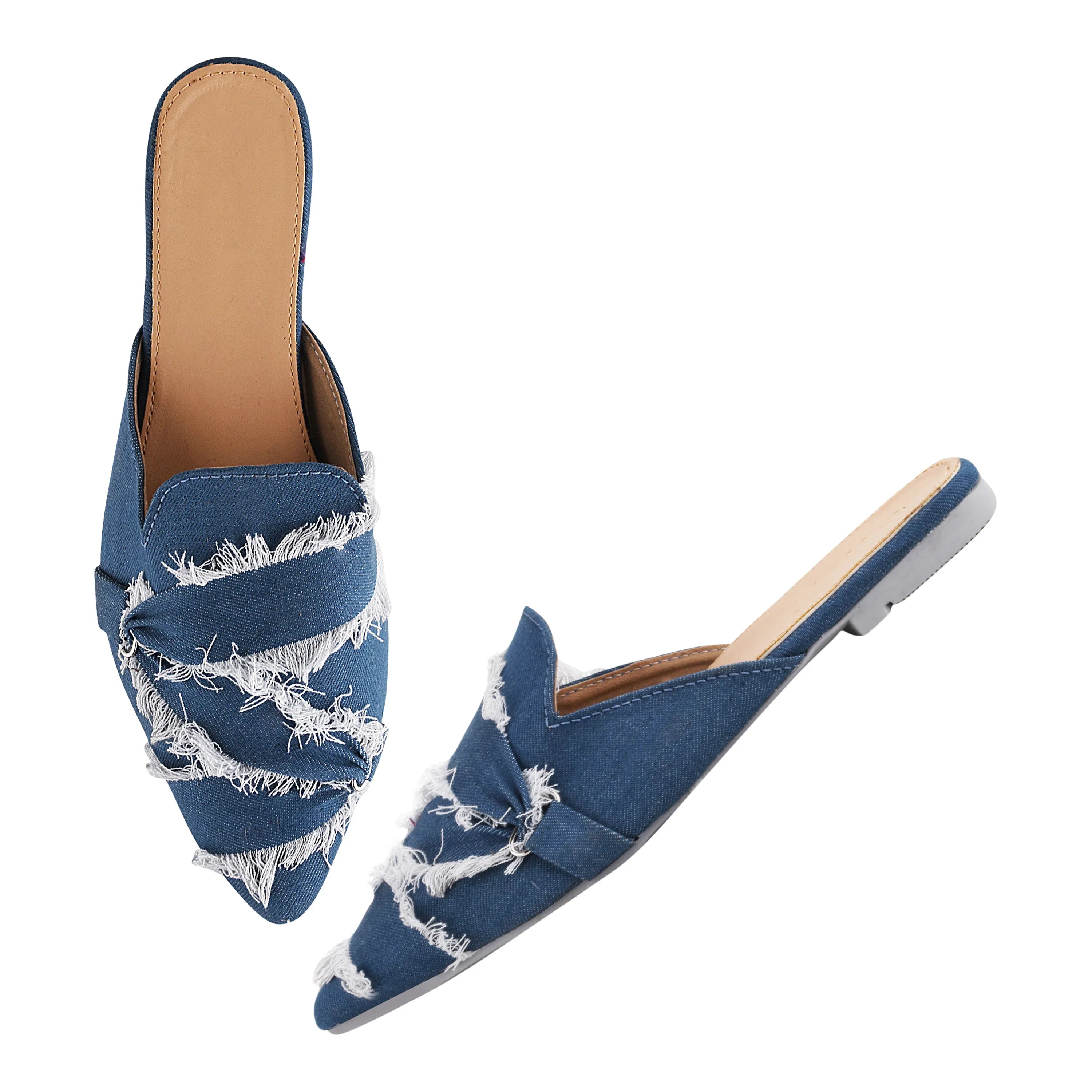 Frayed Edge Denim Pointed-Toe Mule Flats