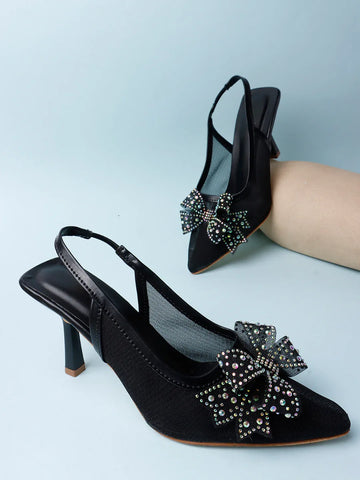 Glam Studded Bow Pointed Slingback Heels