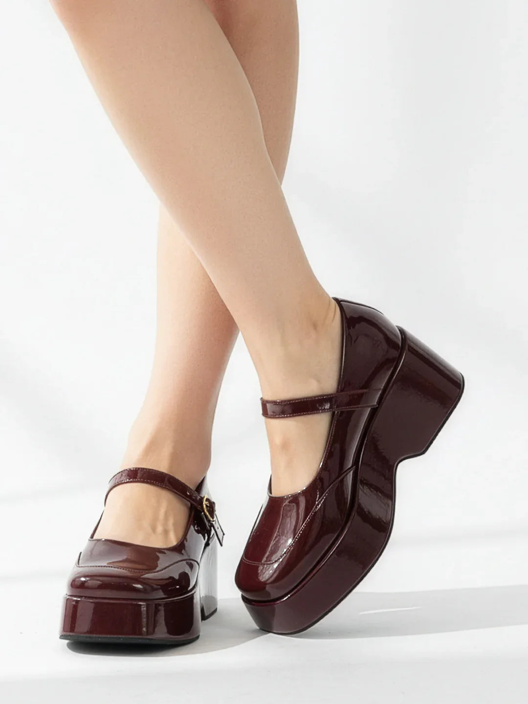 Glossy Strap Platform Heel Pumps