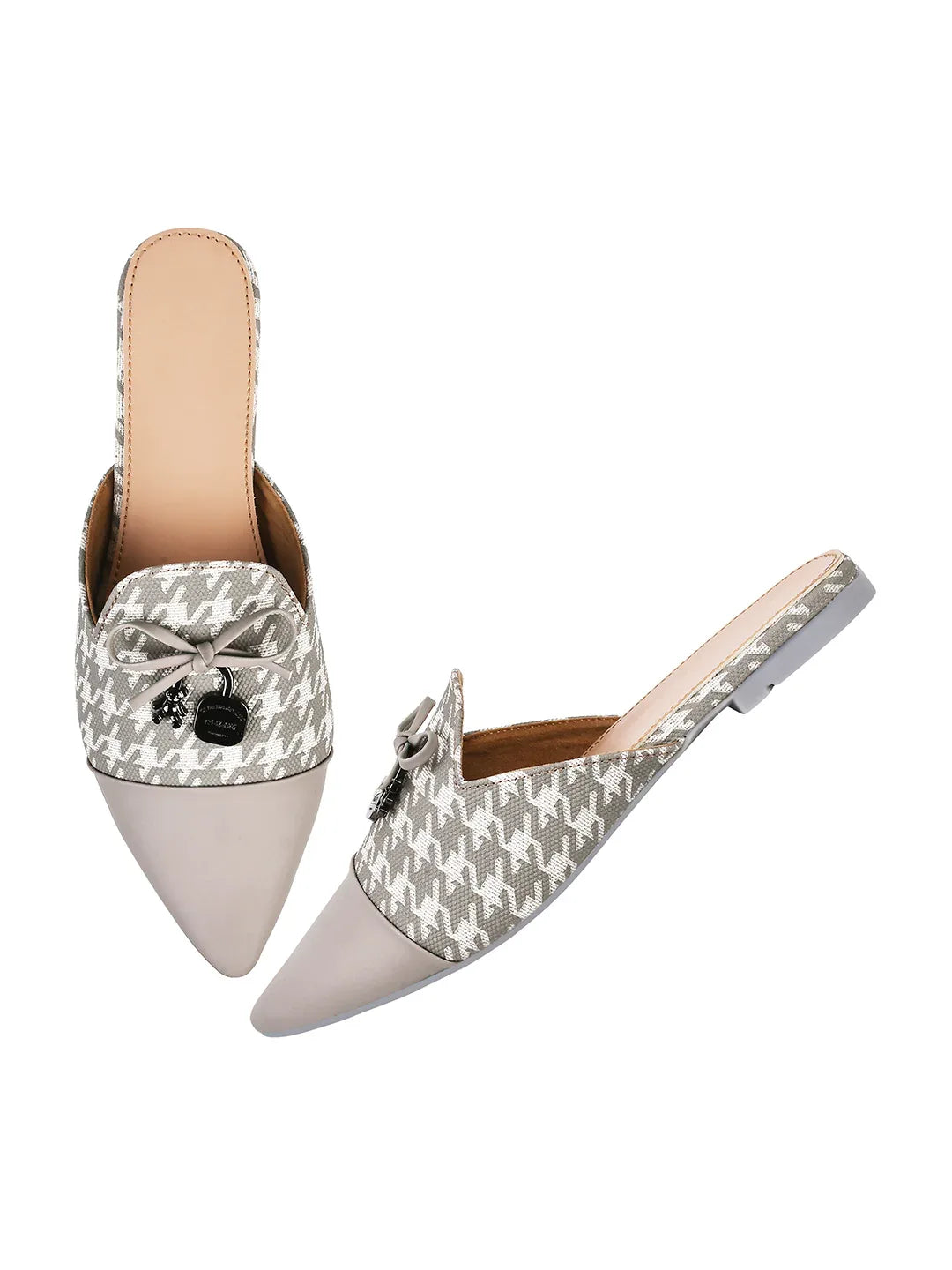 Houndstooth Pointed Toe Slip-On Mule Flats