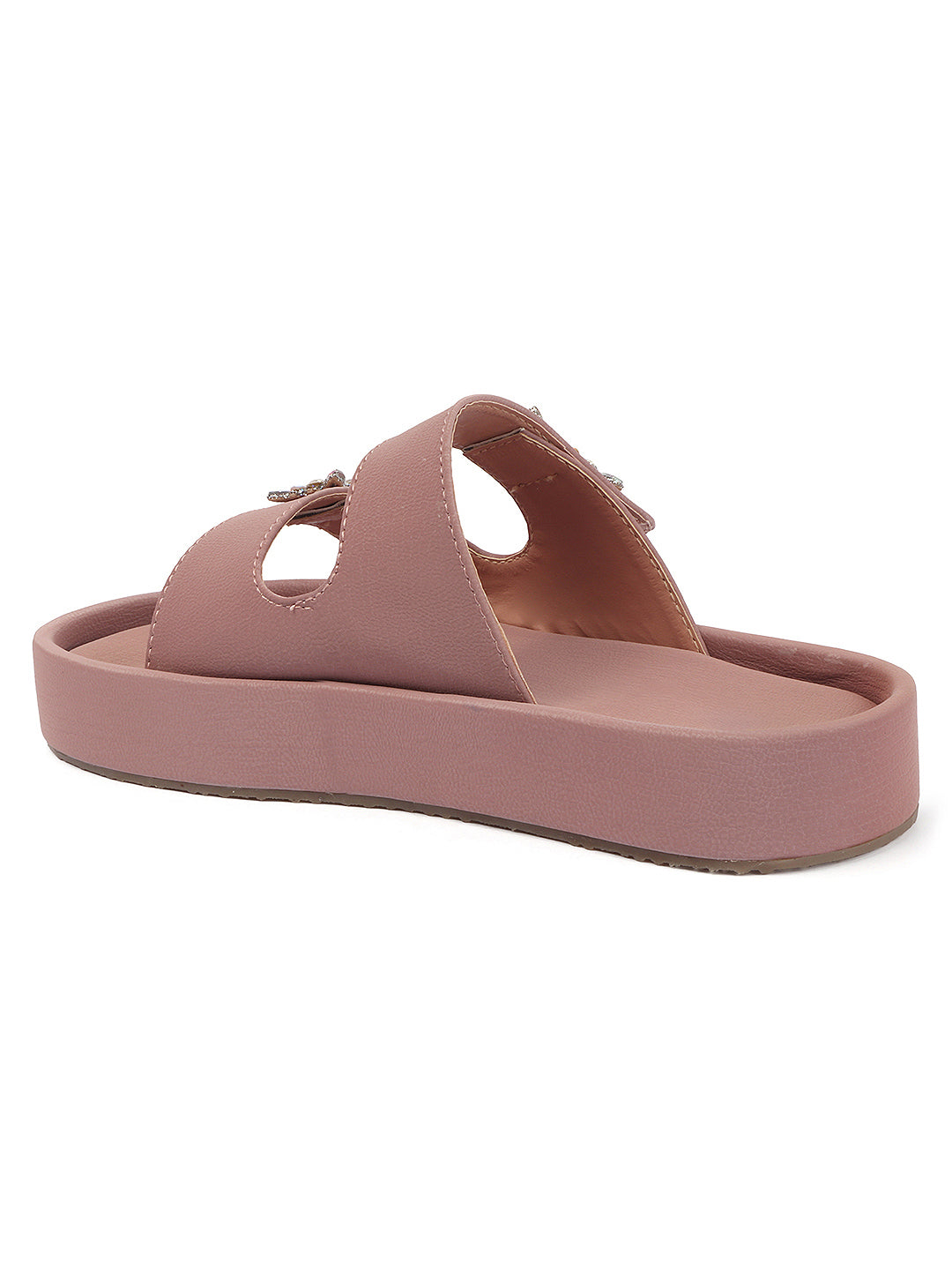Dual-Strap Rhinestone Buckle Slide Soft Casual Flats