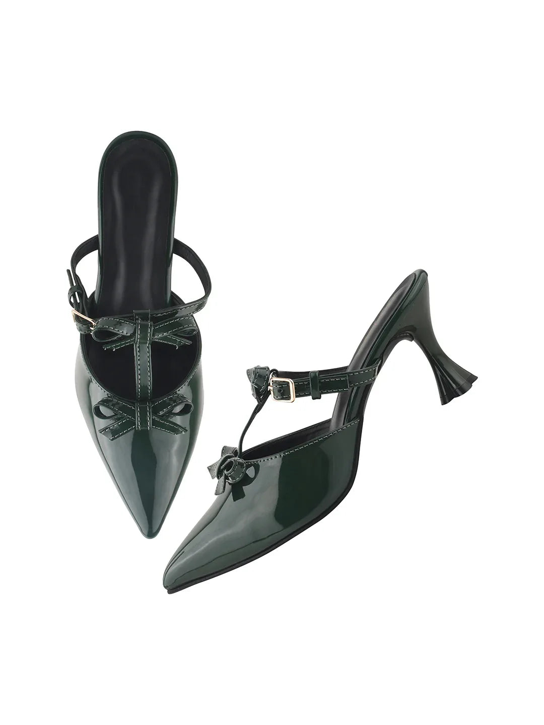 Patent Finish Bow-Detail Kitten Heel Mules