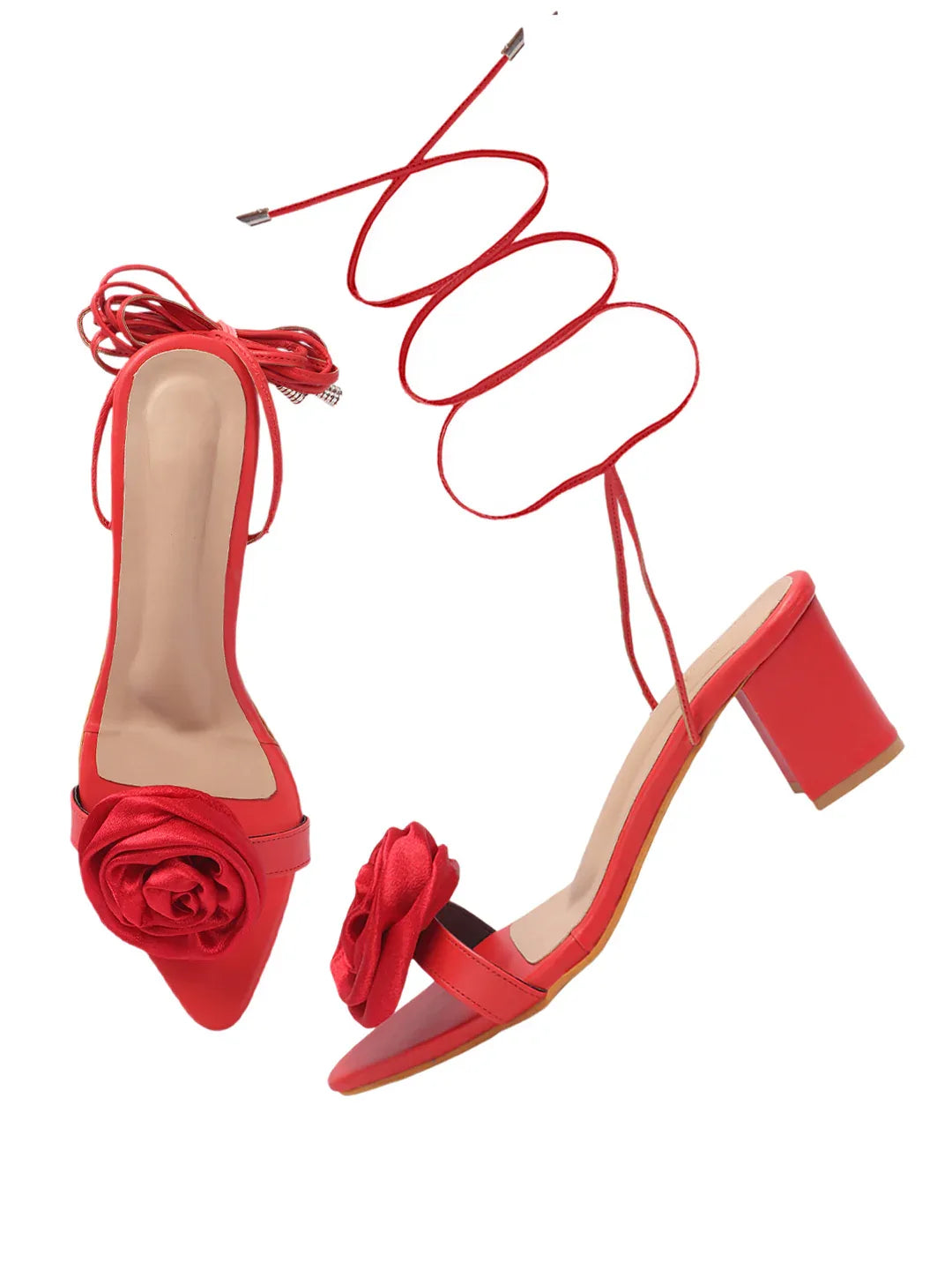 Rose Detail Tie-Up Mid Heel Sandals