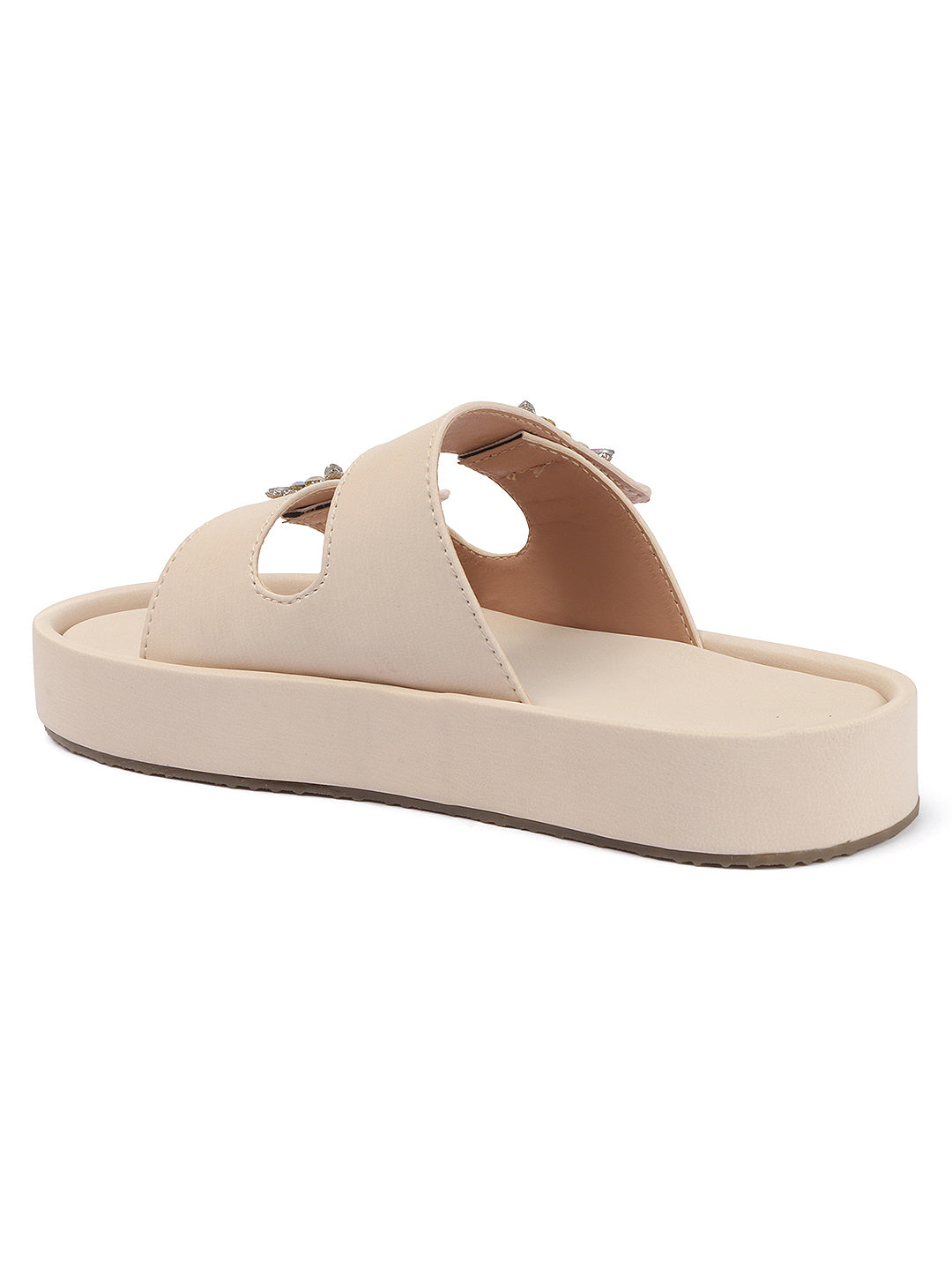 Dual-Strap Rhinestone Buckle Slide Soft Casual Flats