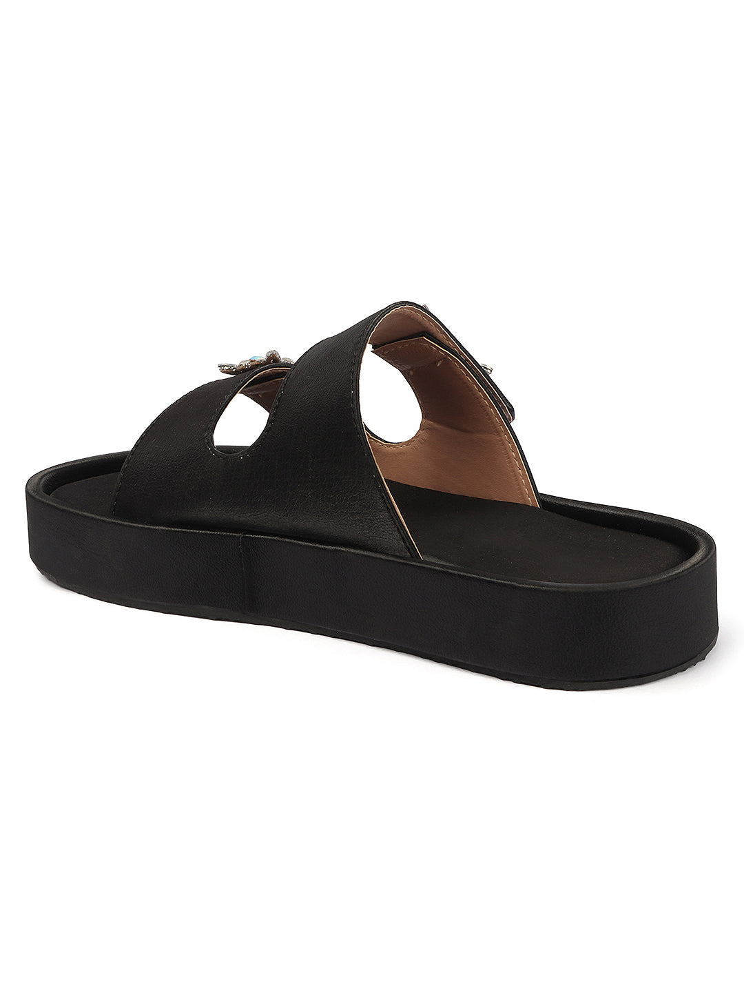Dual-Strap Rhinestone Buckle Slide Soft Casual Flats