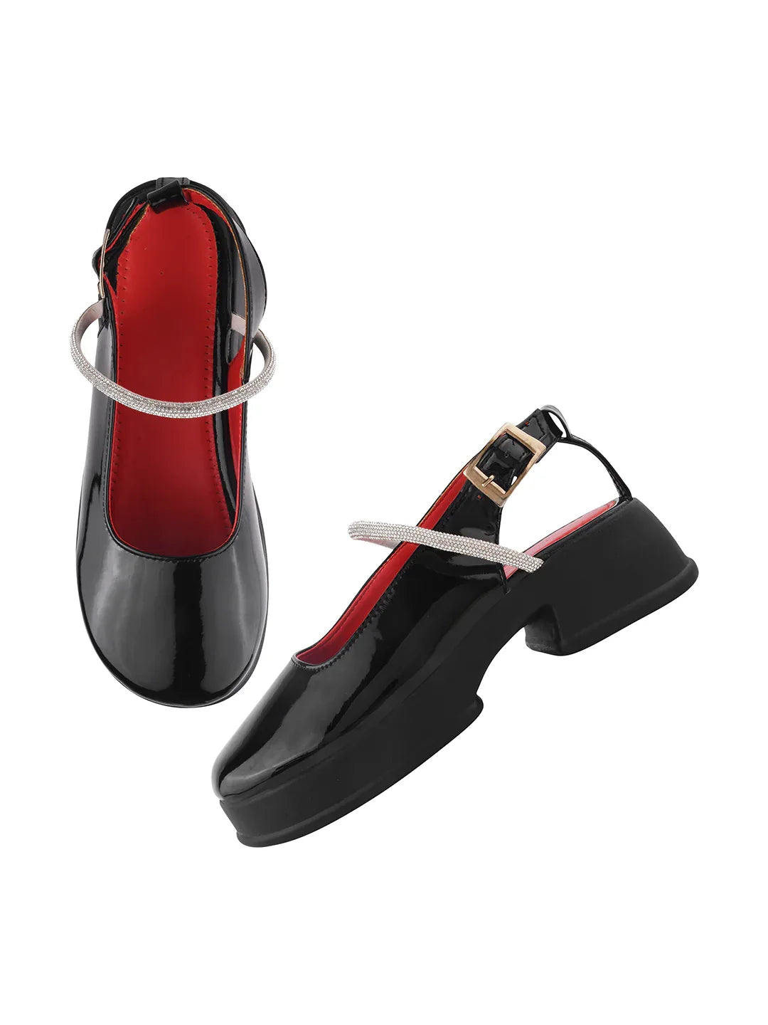Classic Gloss Finish Ankle Strap Block Heels