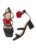 Rose Detail Ankle Strap Block Heels