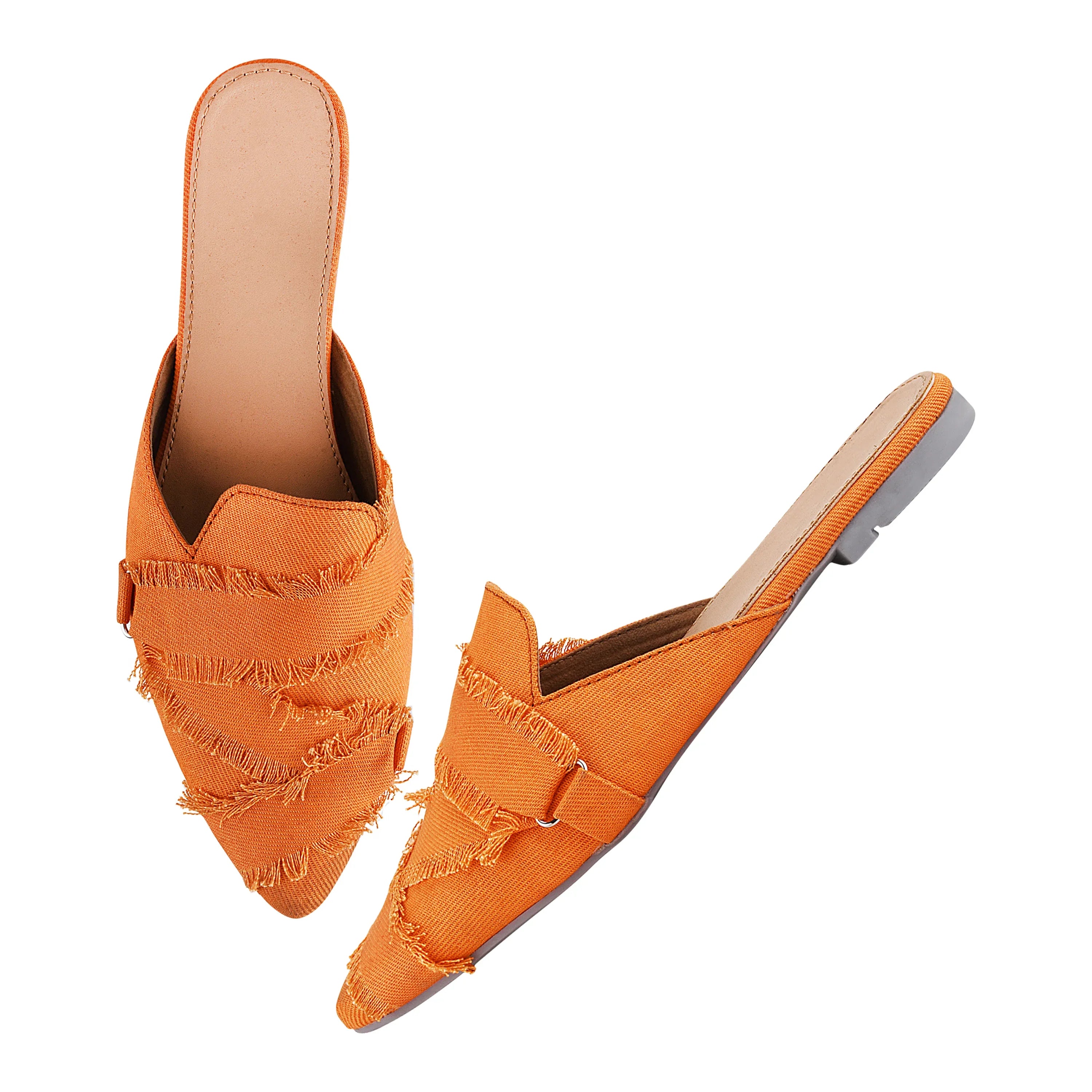 Frayed Edge Denim Pointed-Toe Mule Flats