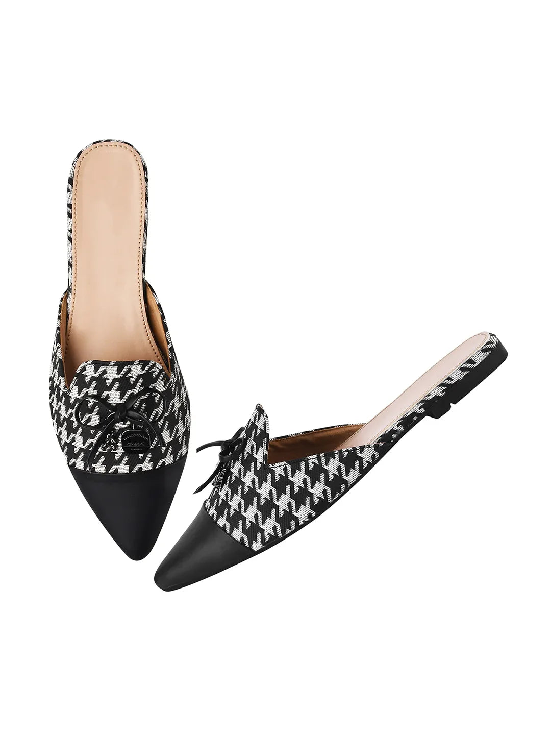 Houndstooth Pointed Toe Slip-On Mule Flats