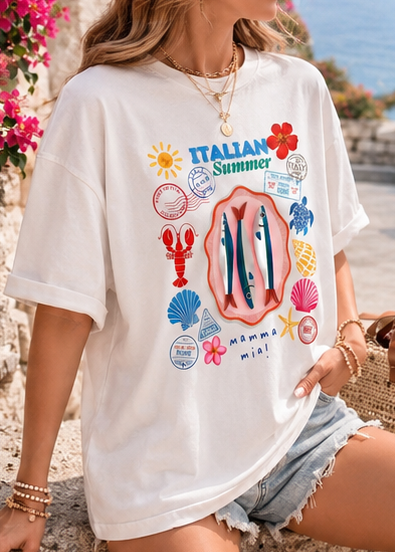 Vacation-Inspired Oversized Italian Summer Graphic Printed T-Shirt