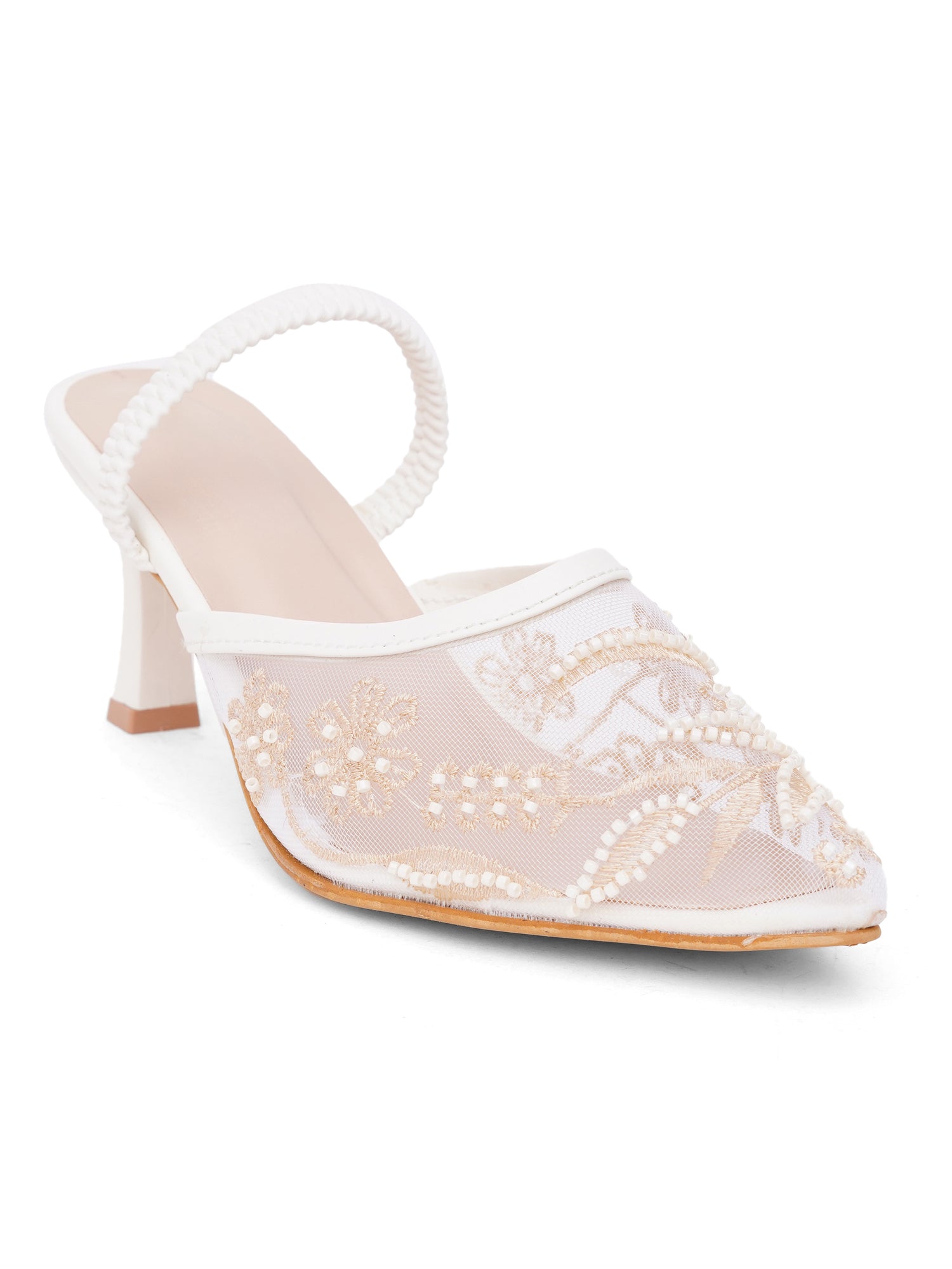 Mesh Embellished Pointed Toe Mule Heels