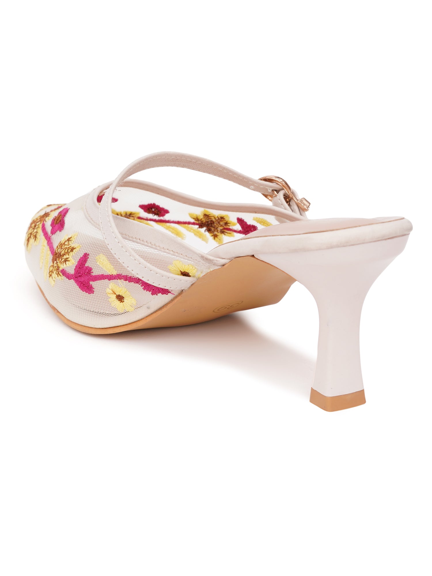 Embroidered Floral Mesh Slingback Kitten Heels