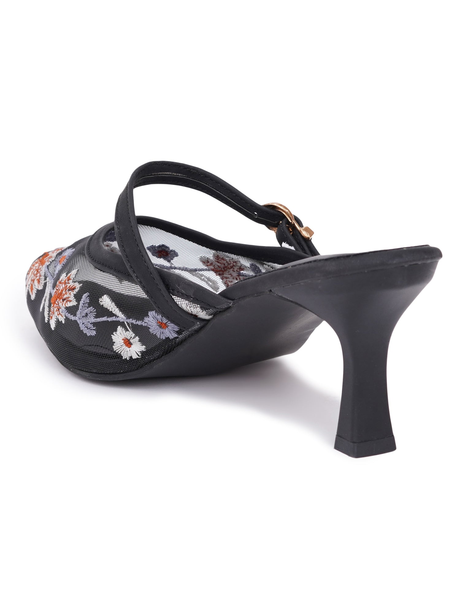 Embroidered Floral Mesh Slingback Kitten Heels