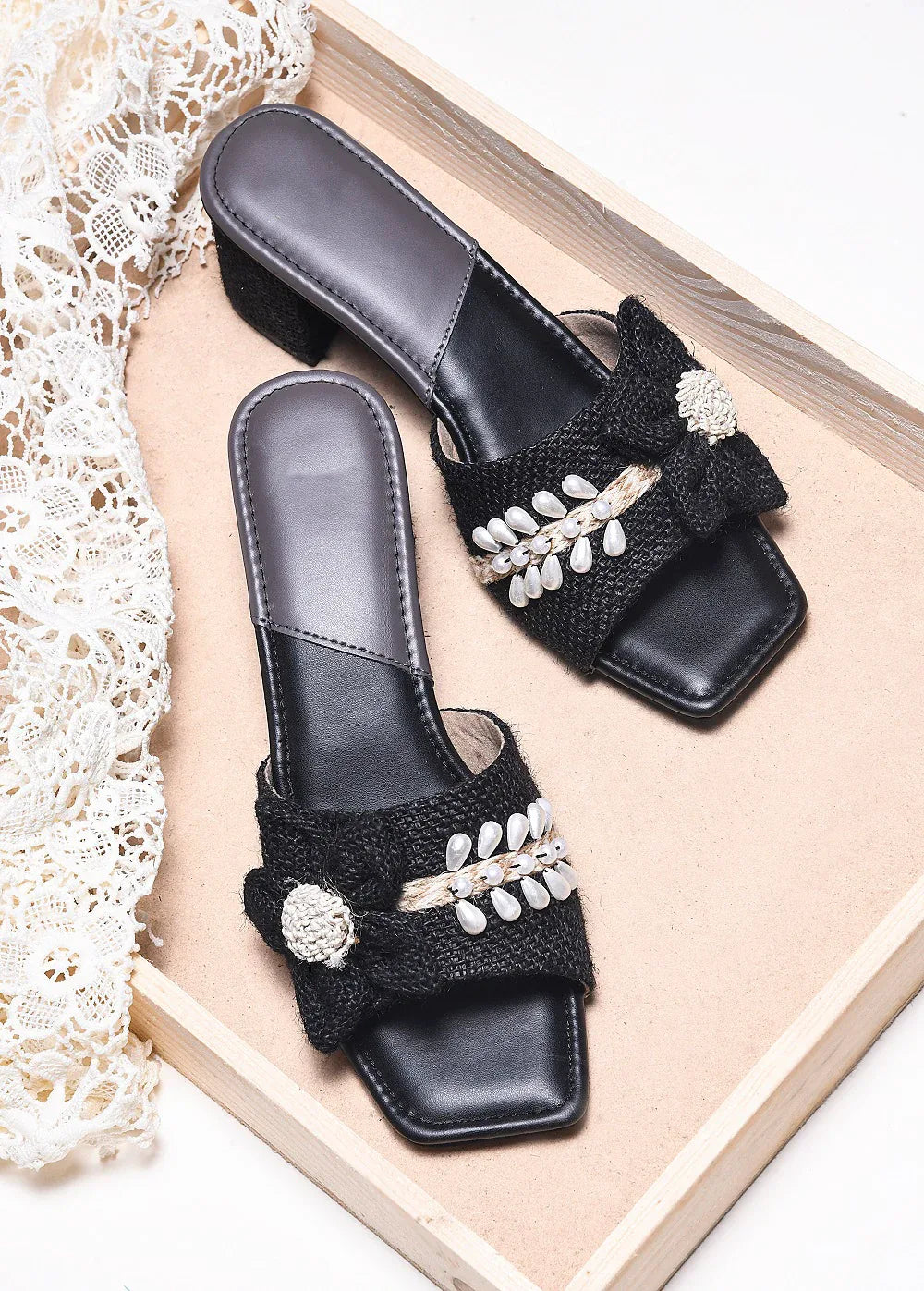 Floral Knot Fabric Block Heels