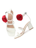 Rose Detail Ankle Strap Block Heels
