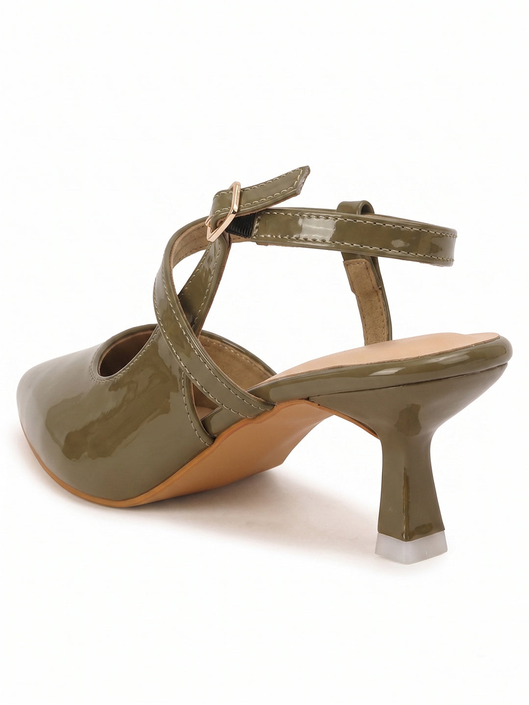 Elegant Patent Pointed Toe Slingback Kitten Heel Mules-Olive